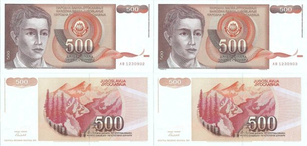 1991, 500 dinara (P-109a) - Iugoslavia (×2)