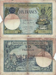 1937, 10 francs (P-36a.2) - Madagascar