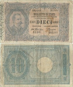 1918 (29 August), 10 lire (P-20gx) - Italy