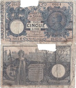 1925 (20 December), 5 lire (P-23g) - Italy