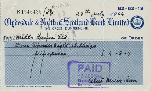 1944 (29 Iulie), 4 pounds 8 schillings 9 pence - cec Clydesdale & North Of Scotland Bank LTD, Dunfermline - Scoția