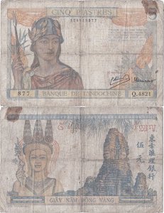 1946, 5 piastres (P-55c) - Indochina Franceză