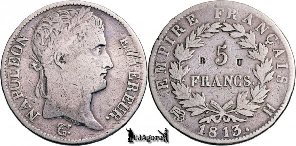 1813 H, 5 Francs - Napoleon I - Primul Imperiu Francez; contraştampilă B U
