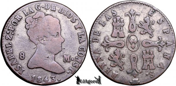 1843, 8 Maravedis - Isabela a II-a - Segovia - Regatul Spaniei