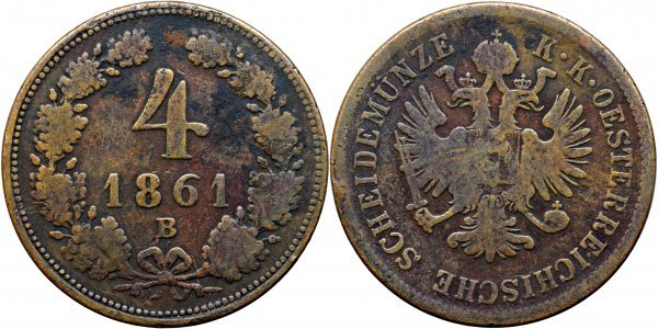 1861 B (Kremnica), 4 kreuzer - Franz Joseph - Imperiul Habsburgic