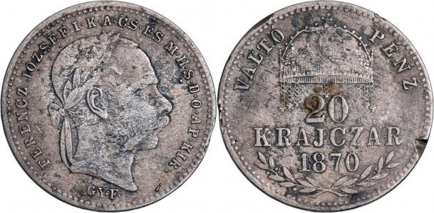 1870 - GYF - 20 krajczár - Franz Joseph I - Imperiul Austro-Ungar