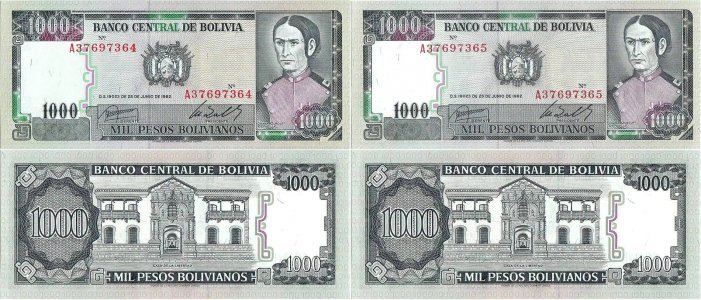 1982 (25 Iunie), 1,000 pesos bolivianos (P-167a.1) - Bolivia (×2)
