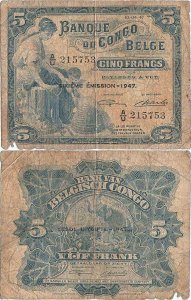 1947 (10 Aprilie), 5 francs (P-13 Ad) - Congo Belgian
