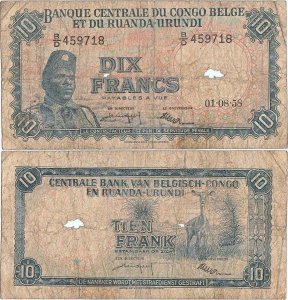1958 (1 August), 10 francs (P-30b.7) - Congo Belgian