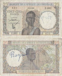 1943 (17 August), 25 francs (P-38a.1) - Africa de Vest Franceză