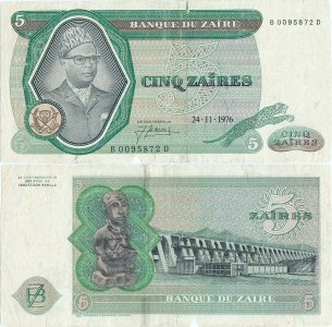 1976 (24 November), 5 zaïres (P-21a.4) - Zaire