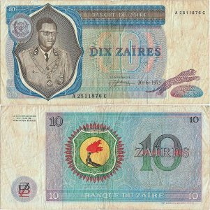 1975 (30 June), 10 zaïres (P-23a.3) - Zaire