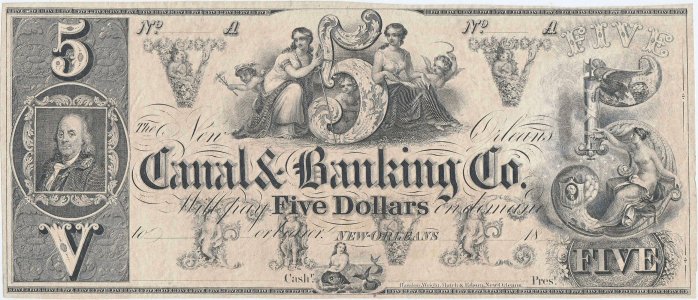 1840's, 5 Dollars (LA-105-G10) - Canal & Banking Co. - New Orleans, Louisiana - SUA