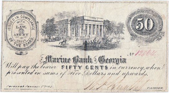 1862 (Ianuarie 1), 50 Cents (GA-295-G36) - Marine Bank Of Georgia - Savannah, Georgia - SUA