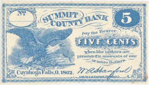 1862, 5 Cents (OH-S-880) - Summit County Bank - Cuyahoga Falls, Ohio - SUA