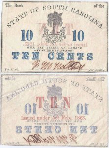 1863 (Februarie 1), 10 Cents - Carolina de Sud- SUA