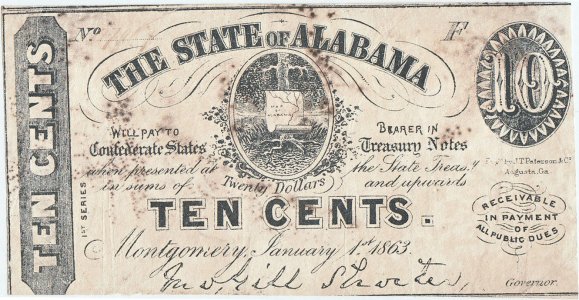 1863 (Ianuarie 1), 10 Cents (P-S210) - Montgomery, Alabama - SUA
