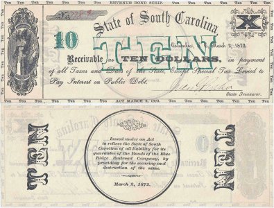 1872 (Martie 2), 10 Dollars (P-S3319) - Columbia, Carolina de Sud - SUA