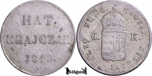 1849 NB, 6 Krajczár - Războiul de Independență - Regatul Ungariei | KM 435 | eroare „9” din dată