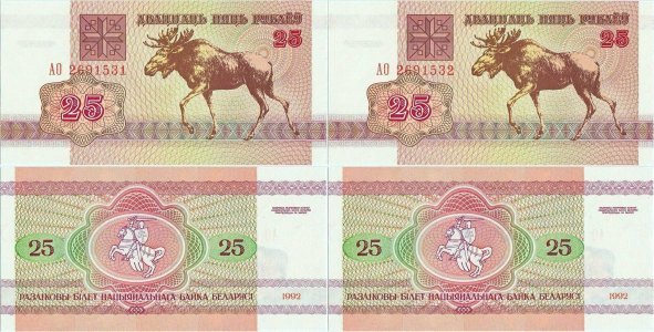 1992, 25 rubles (P-6a) - Belarus (×2)