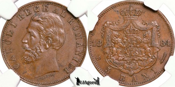1884 B, 5 Bani - Carol I - Regatul României | KM 19 | NGC AU 58