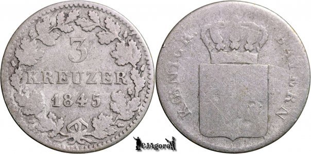1845, 3 Kreuzer - Ludwig I - Kingdom of Bavaria | KM 800