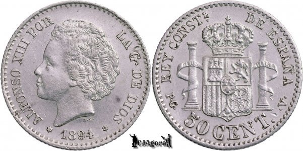 1894 (*94) PG-V, 50 Centimos - Alfonso XIII - Kingdom of Spain | KM 703