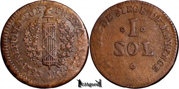1793, 1 Sol - Asediul Mainz - Războiul Primei Coaliții - Frederic Carol Iosif - Arhiepiscopatul Princiar de Mainz - Sfântul Imperiu Roman | KM 601