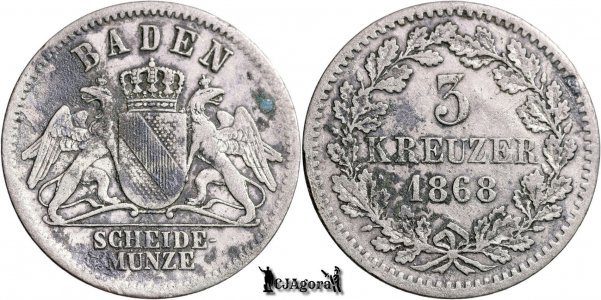 1868, 3 Kreuzer - Frederic I | Marele Ducat de Baden | KM 246