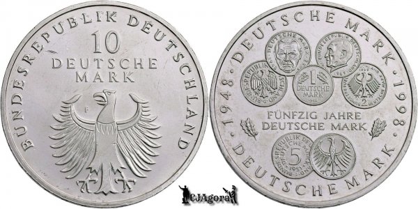 1998 F, 10 Deutsche Mark - A 50-a aniversare a Mărcii Germane - Germania | KM 195