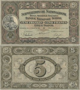 1922 (1 July), 5 franken/francs/franchi (P-11f.3) - Switzerland
