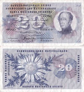 1968 (15 May), 20 franken/francs/franchi (P-46p.1) - Switzerland