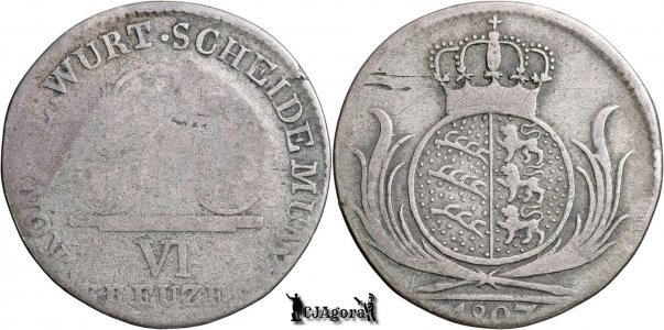 1807, 6 Kreuzer - Friedrich I - Kingdom of Württemberg #KM 495