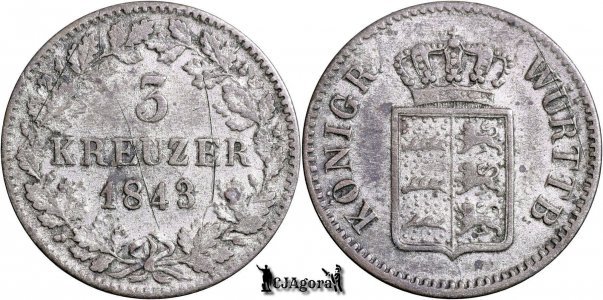 1843, 3 Kreuzer - Vilhelm I - Kingdom of Württemberg | KM 591