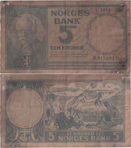 1955 , 5 kroner (P-30a.1) - Norvegia