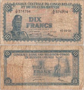 1958 (1 Februarie), 10 francs (P-30b.4) - Congo Belgian