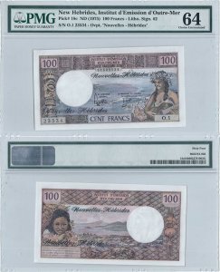 1975, 100 Francs - Noile Hebride | P-18c | UNC | PMG 64